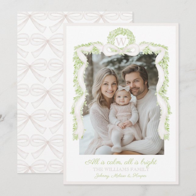 Cartes Pour Fêtes Annuelles Préppy Grandmillennial Pink Bows Ribbon Garland (Devant / Derrière)