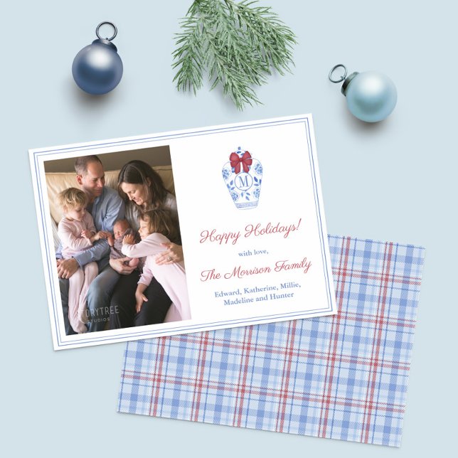 Cartes Pour Fêtes Annuelles Preppy Monogram Red Bow Family Christmas Photo (Elegant monogram Ginger Jar with red bow photo Christmas Cards with tartan backer)