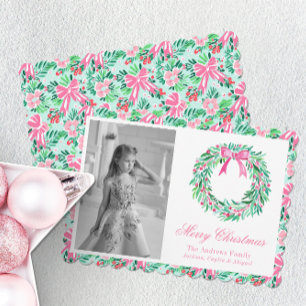 Cartes Pour Fêtes Annuelles Preppy Pink & Green Palm Beach Wreath Photo