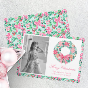 Cartes Pour Fêtes Annuelles Preppy Pink & Green Palm Beach Wreath Photo
