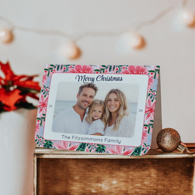 Cartes Pour Fêtes Annuelles Preppy rose Holiday Floral Photo (Pink Tropical Floral Folded  Christmas Card)