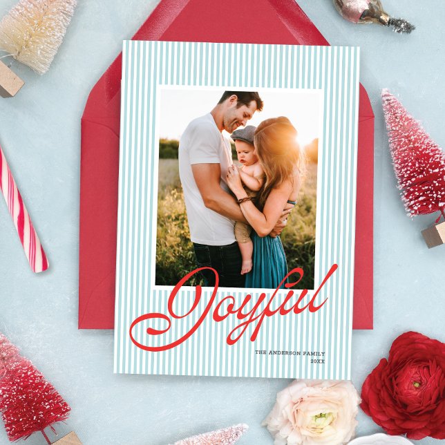 Cartes Pour Fêtes Annuelles Preppy Stripe Lt. Blue Red Retro Christmas Photo (Créateur téléchargé)