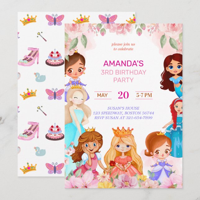 Cartes Pour Fêtes Annuelles Princesse Fille Fête d'anniversaire 3e année Invit (Devant / Derrière)