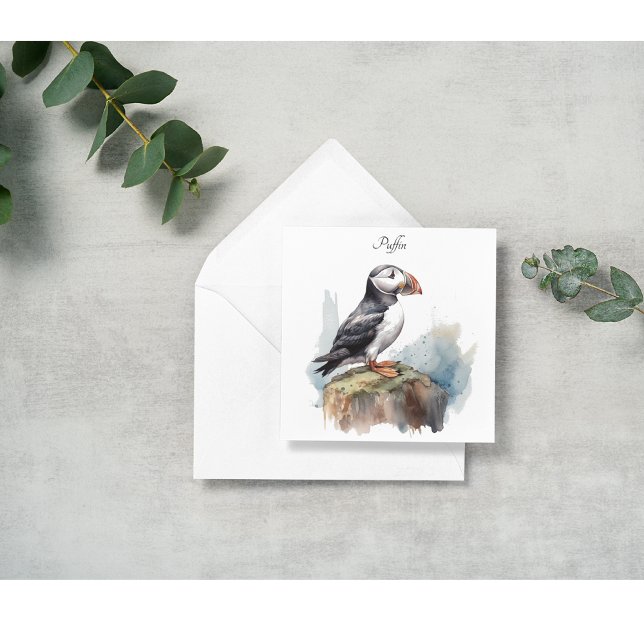Cartes Pour Fêtes Annuelles Puffin sur une aquarelle rocheuse, personnalisé (Créateur téléchargé)