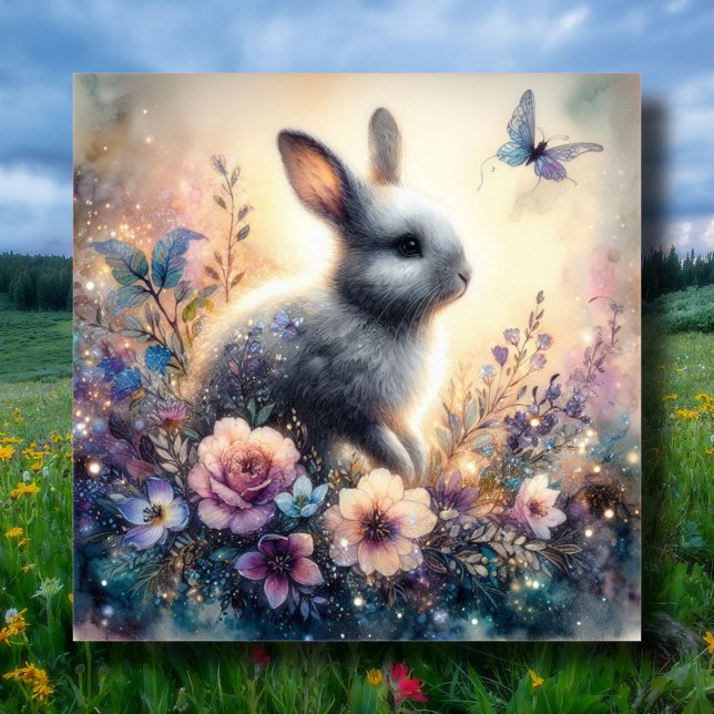 Cartes Pour Fêtes Annuelles Purple Aquarelle Florale Lapin Chrétien Pâques (Créateur téléchargé)