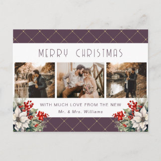 Cartes Pour Fêtes Annuelles Purple Gold Botanical Photo Newlywed