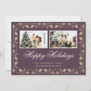 Cartes Pour Fêtes Annuelles Purple Gold Famille Deux Photo Happy Holidays Cart