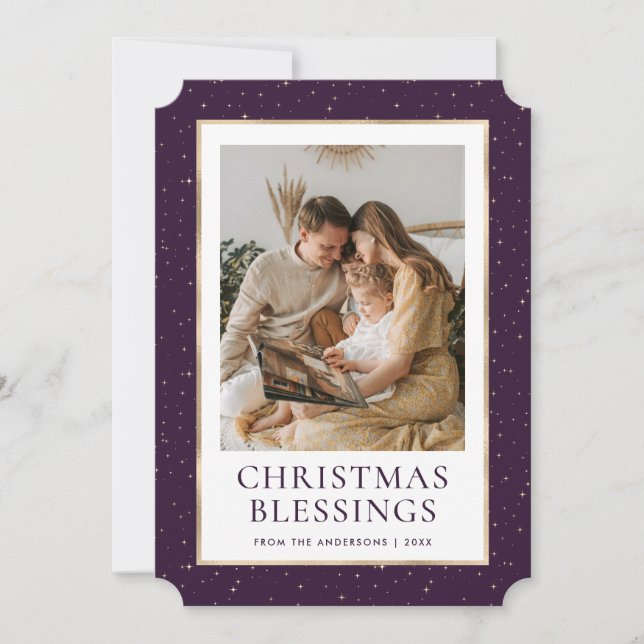 Cartes Pour Fêtes Annuelles Purple Gold Stars Blessures de Noël Photo (Devant)