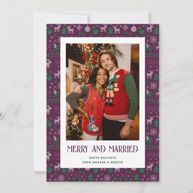 Cartes Pour Fêtes Annuelles Purple Green Doux moche Marié et Joyeux Photo (Devant)