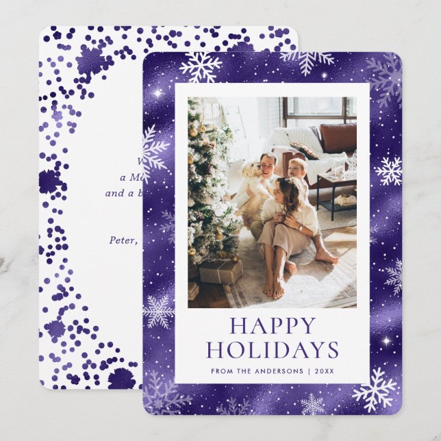 Cartes Pour Fêtes Annuelles Purple Happy Holidays Snowflake Photo Neige (Devant / Derrière)