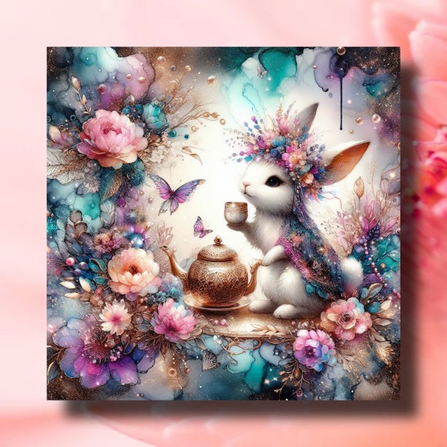 Cartes Pour Fêtes Annuelles Purple Turquoise Aquarelle Bunny Tea Party Pâques (Créateur téléchargé)