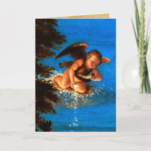 Cartes Pour Fêtes Annuelles Putto In Blue Sky déverse une cascade de fleurs bl