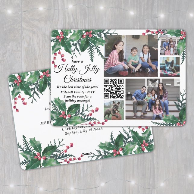 Cartes Pour Fêtes Annuelles QR Code Holly Jolly Christmas Greenery 5 Photo (Créateur téléchargé)