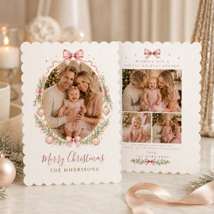 Cartes Pour Fêtes Annuelles Quatre Photos de Famille Noël avec Ruban Rose