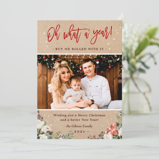Cartes Pour Fêtes Annuelles Quel An Noël Floral Kraft Photo (Debout devant)