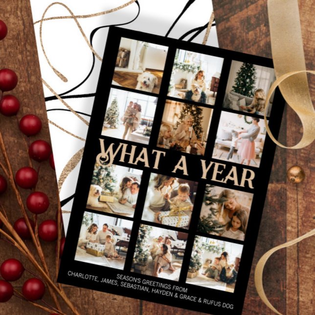 Cartes Pour Fêtes Annuelles Quel an photo Noël personnalisé (What a Year Photo Christmas Personalized Holiday Card by Ricaso. Add 12 photographs, make your own.)