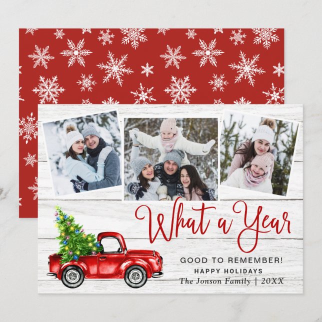 Cartes Pour Fêtes Annuelles Quelle année Noël Camion de la ferme rouge 3 Photo (Devant / Derrière)