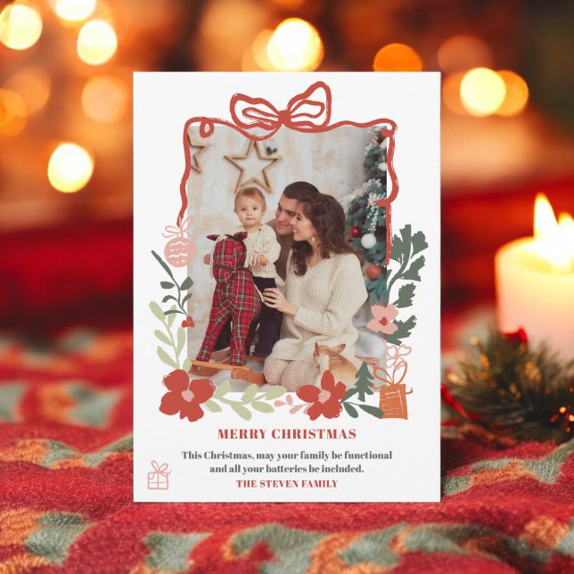 Cartes Pour Fêtes Annuelles Quirky bow floral tendance Joyeux Noël photo (Quirky bow floral trendy Merry Christmas photo Holiday Card)