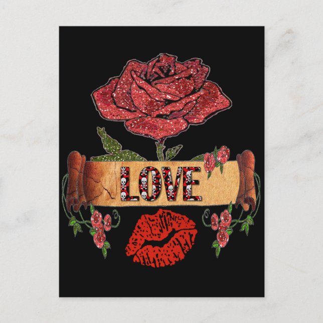 Cartes Pour Fêtes Annuelles RAB Rockabilly Valentine Roses, Love & Lipstick (Devant)