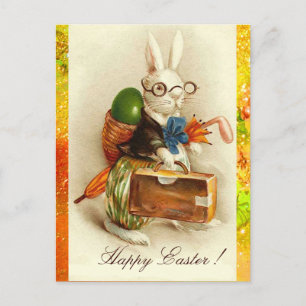 CARTES POUR FÊTES ANNUELLES RABIT BLANC VOYAGEANT AVEC OEUF DE PÂQUES