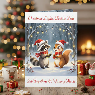 Cartes Pour Fêtes Annuelles Raccoon et écureuil suspendus lumières de Noël