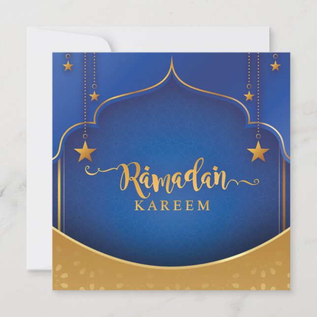 Cartes Pour Fêtes Annuelles Ramadan customisé Kareem Moubarak Bleu et or (Devant)