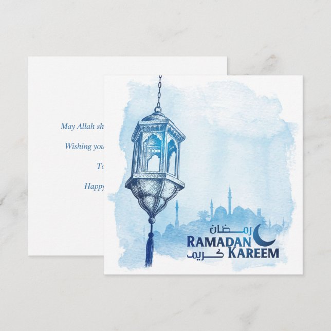 Cartes Pour Fêtes Annuelles Ramadan Kareem Mubarak Aquarelle Mosquée bleue (Devant / Derrière)