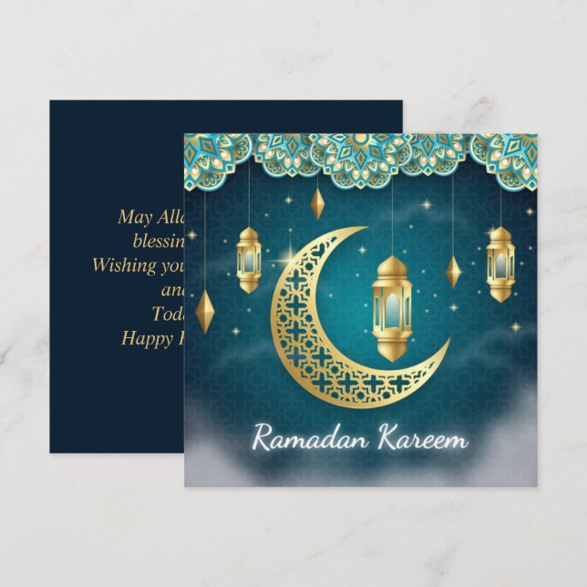 Cartes Pour Fêtes Annuelles Ramadan Moubarak Croissant bleu or Lanterne islami (Devant / Derrière)