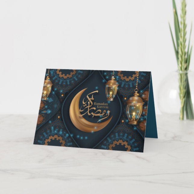 Cartes Pour Fêtes Annuelles Ramadan Moubarak Croissant d'or Motif arabe bleu (Devant)