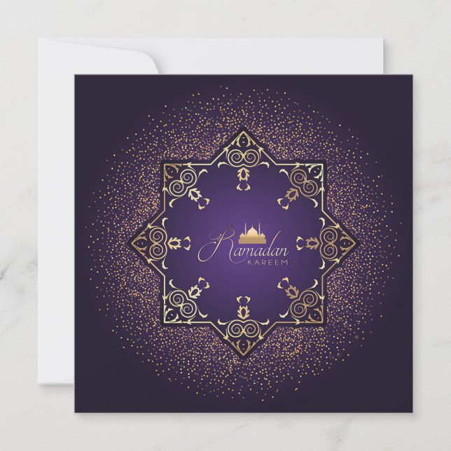 Cartes Pour Fêtes Annuelles Ramadan Moubarak mosquée violet et doré (Devant)