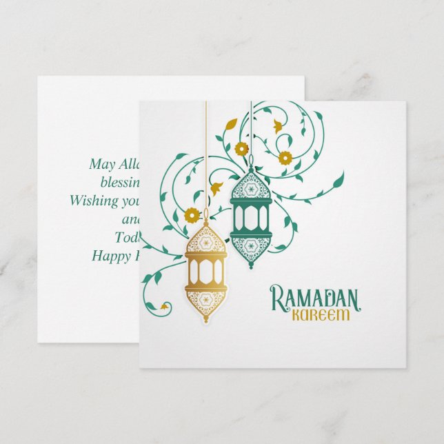 Cartes Pour Fêtes Annuelles Ramadan Moubarak Turquoise doré (Devant / Derrière)