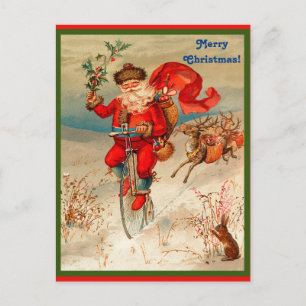 Cartes Pour Fêtes Annuelles Rare Santa Claus on Velocipede Chased by Reindeer