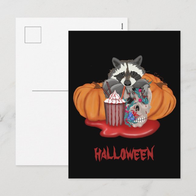 Cartes Pour Fêtes Annuelles Raton laveur d'Halloween avec crâne et citrouilles (Devant / Derrière)