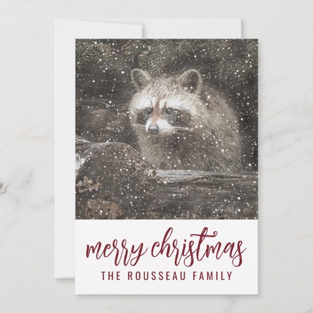 Cartes Pour Fêtes Annuelles Raton laveur en neige hivernale Noël vacances (Devant)