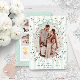 Cartes Pour Fêtes Annuelles Rayures vert menthe et fleurs avec noeud pour Noël