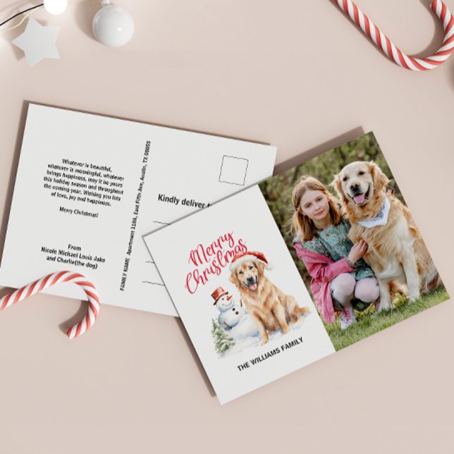 CARTES POUR FÊTES ANNUELLES RÉCUPÉRATION D'OR SANTA HAT CHRISTMAS PHOTO UNIQUE (MERRY CHRISTMAS GOLDEN RETRIEVER POSTCARD SINGLE PHOTO CUSTOM RETURN ADDRESS AND MESSAGE)