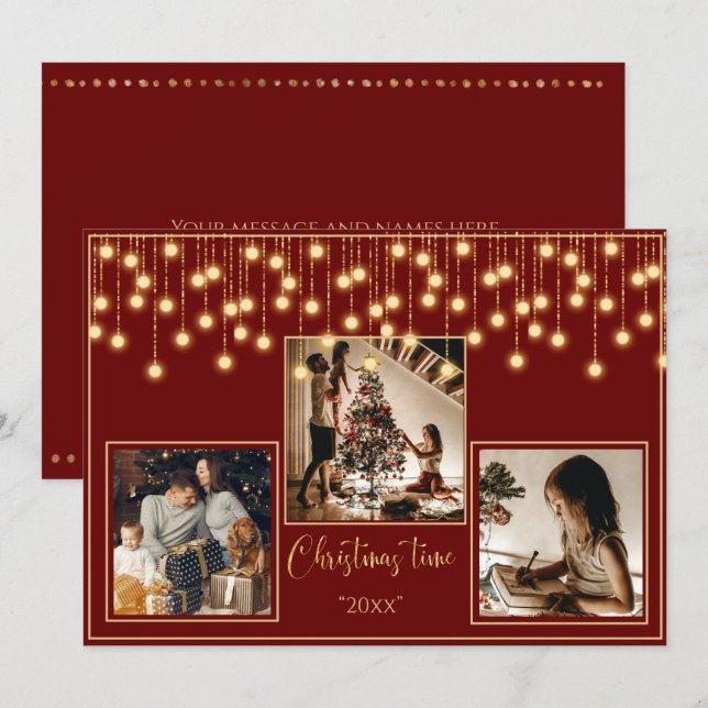 Cartes Pour Fêtes Annuelles Red 3 Photos Noël Temps Gold Holiday (Devant / Derrière)
