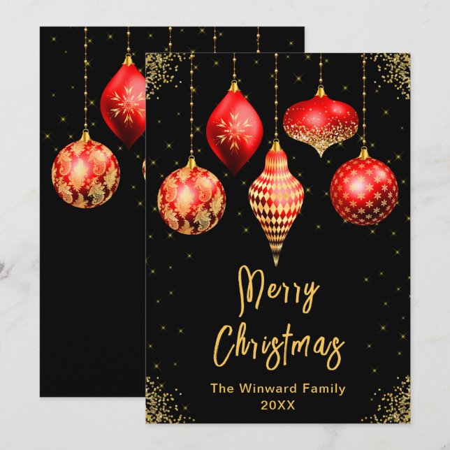 Cartes Pour Fêtes Annuelles Red and Gold Ornaments Merry Christmas (Devant / Derrière)