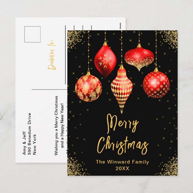 Cartes Pour Fêtes Annuelles Red and Gold Ornaments Merry Christmas (Devant / Derrière)