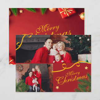 Cartes Pour Fêtes Annuelles Red and Gold Photo Family Merry Christmas Happy