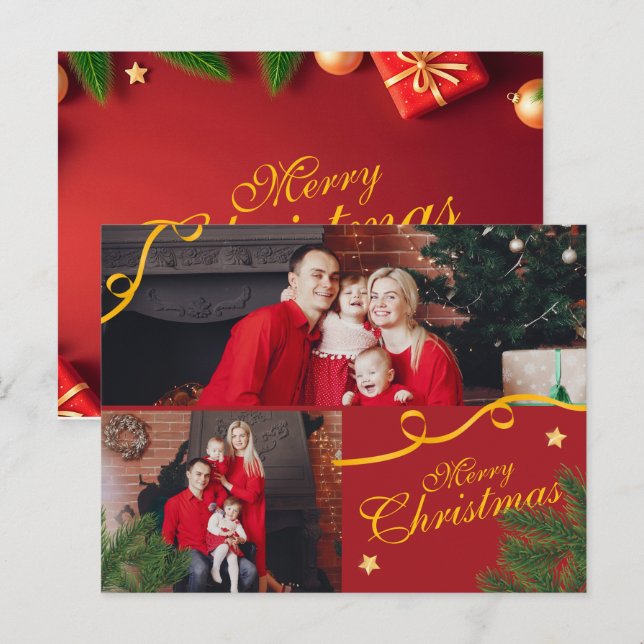 Cartes Pour Fêtes Annuelles Red and Gold Photo Family Merry Christmas Happy (Devant / Derrière)