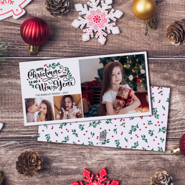 Cartes Pour Fêtes Annuelles Red Berries 3 Photo Joyeux Noël Bonne année (Créateur téléchargé)