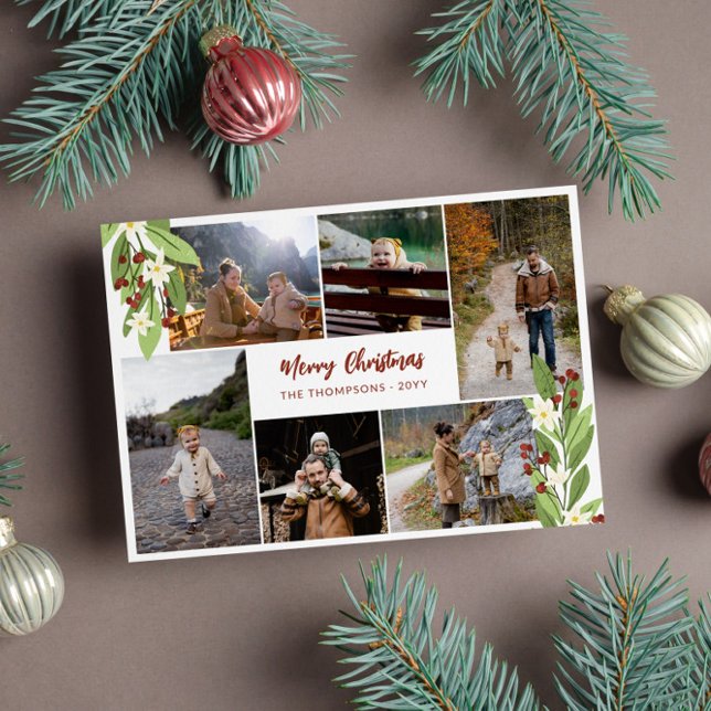 Cartes Pour Fêtes Annuelles Red Berries Green Photo Collage Joyeux Noël (Créateur téléchargé)