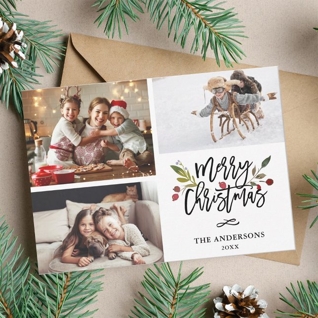 Cartes Pour Fêtes Annuelles Red Berries Joyeux Noël 3 Photo Collage (Créateur téléchargé)