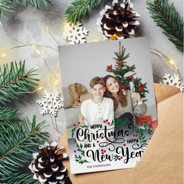 Cartes Pour Fêtes Annuelles Red Berry Big Photo Joyeux Noël Bonne année (Créateur téléchargé)