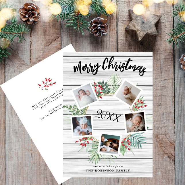 Cartes Pour Fêtes Annuelles Red Berry Christmas Wreath 5 Photo Grey (Créateur téléchargé)