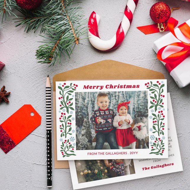 Cartes Pour Fêtes Annuelles Red Berry Twig Snowflakes Frame Merry Christmas (Créateur téléchargé)