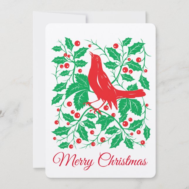 Cartes Pour Fêtes Annuelles Red Bird & Holly avec Berries Flat Holiday Card (Devant)