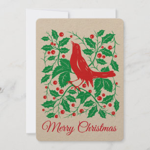 Cartes Pour Fêtes Annuelles Red Bird & Holly avec Berries Flat Holiday Card