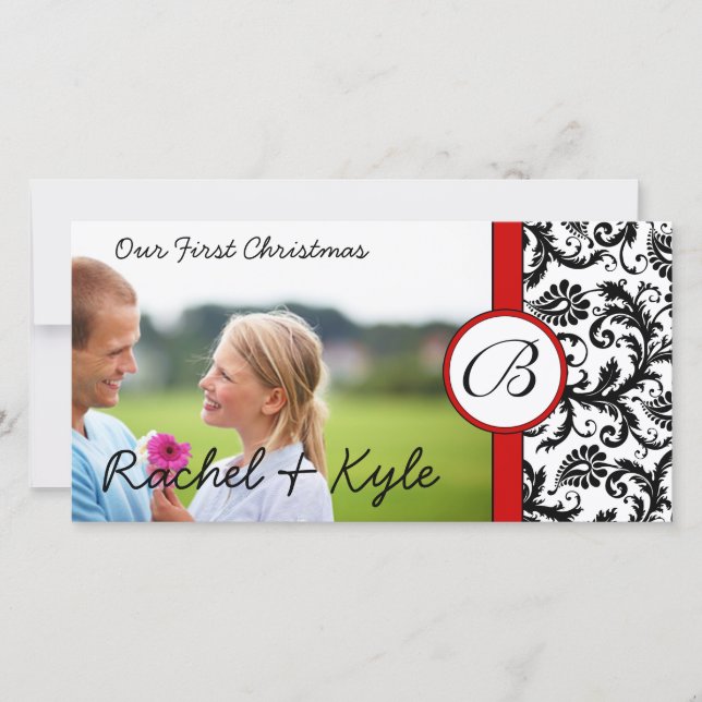 Cartes Pour Fêtes Annuelles Red & Black Damas Notre premier Noël Votre photo (Devant)